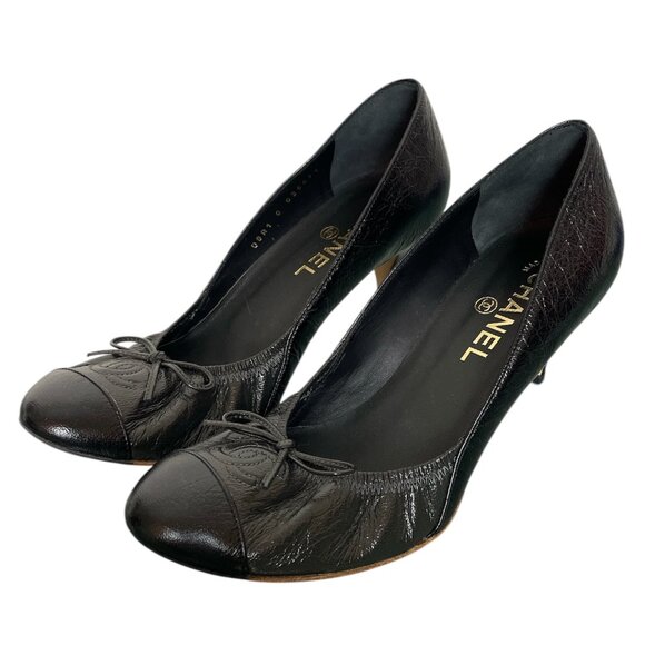CHANEL Classic CC Logo Cap Toe Bow Elastic Pumps Heels \\ 37.5 - Picture 4 of 12